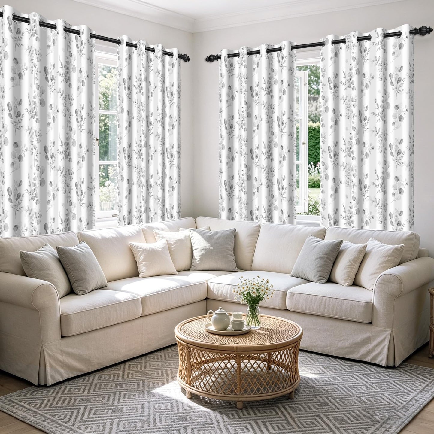GICDSU Gray Botanical Leaf 90% Blackout Curtains 63 Inches Long Watercolor Floral Print Room Darkening Curtains with Grommet Country Soundproof Insulated Window Drapes for Bedroom Living Dining Room