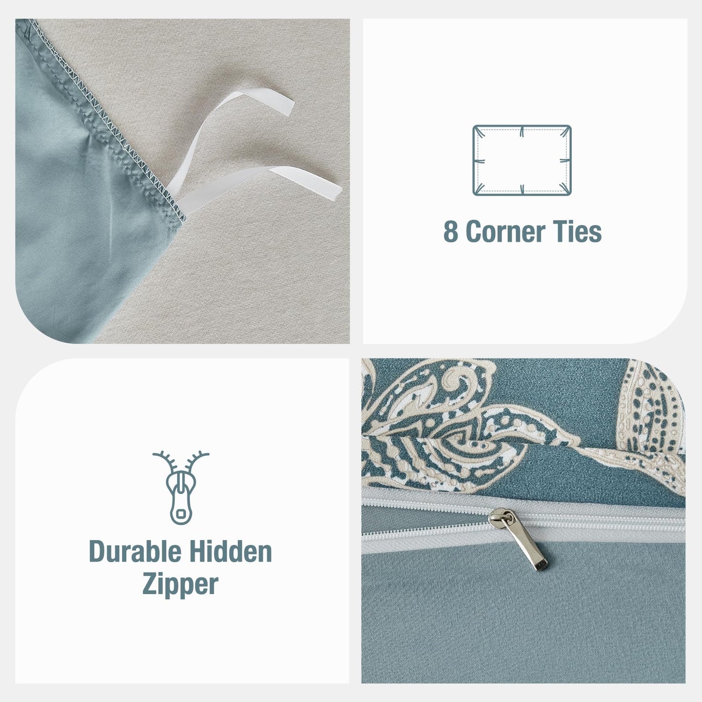 Lekesky Duvet Cover King Size, Reversible Teal Blue Floral Comforter Cover Set King Size 3pc, Soft 100% Washed Microfiber Breathable Bedding Sets with Zipper Ties and 2 Pillowcases