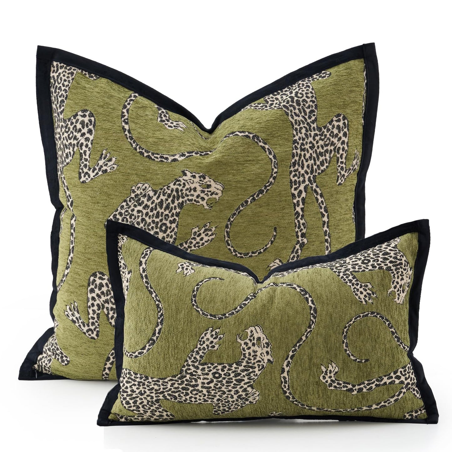 HERAYLI Premium Series, Snow Leopard Throw Pillow Covers, Animal Jacquard Cushion Cases for Home Decor, Chenille Velvet Double-Sided Designs, Dark Green, 18 x 18 inch, Covers Only