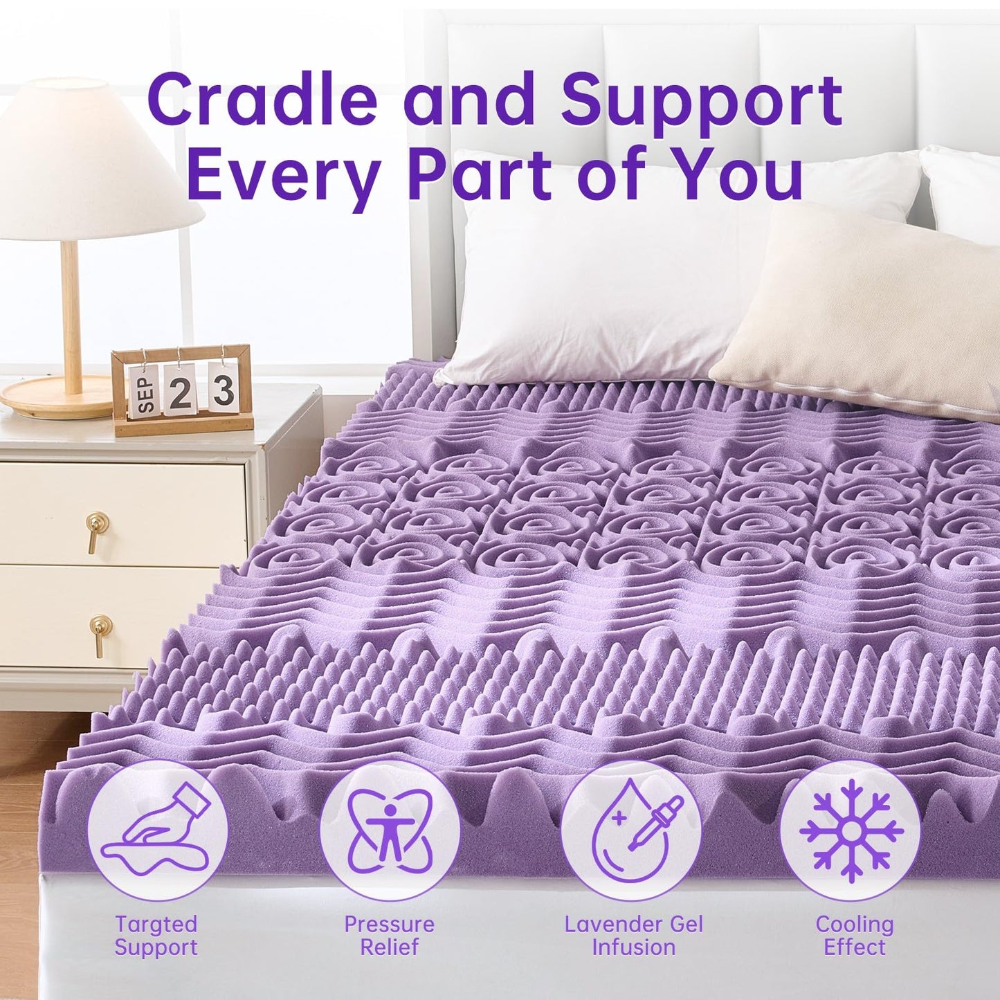 MUXHOMO 3 Inch 7-Zone Queen Mattress Topper, Egg Crate Memory Foam Mattress Topper Queen Size for Back Pain, Lavender Cooling Gel Infused Bed Pad, CertiPUR-US and Oeko-TEX Certification (60"×80")