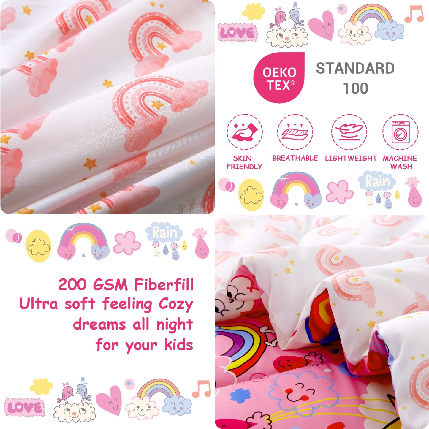 Mooreeke 4 Pieces Toddler Bedding Set - Pink Rainbow Cloud Toddler Comforter Sets for Girls, Includes Comforter, Flat Sheet, Fitted Sheet and Pillowcase, Bed in A Bag for Baby Bedroom