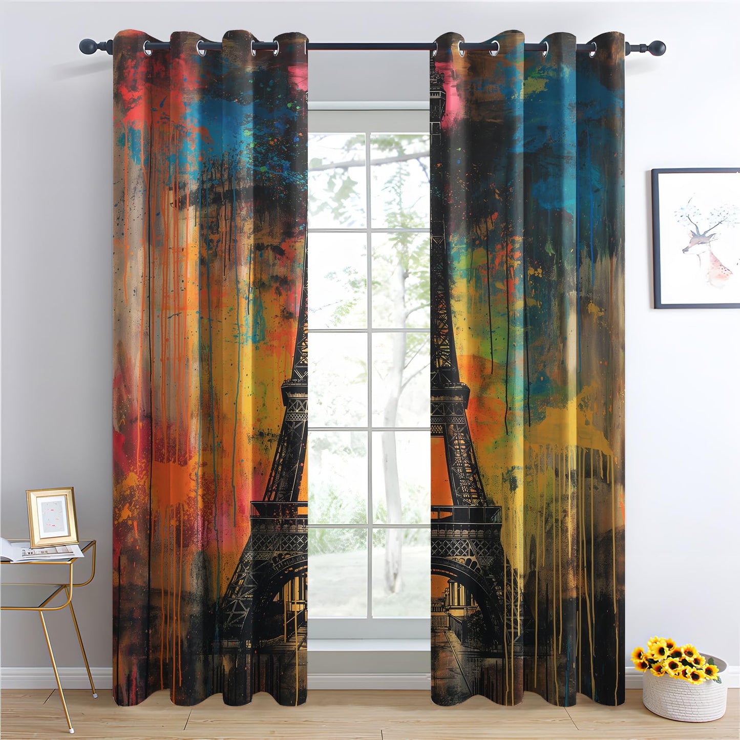 Phtbz Paris Cityscape Curtains 45 Inch Length 2 Panels Set, Eiffel Tower Patterned Blackout Curtains for Bedroom, Living Room Decor, Room Darkening Thermal Insulated Grommet Drapes