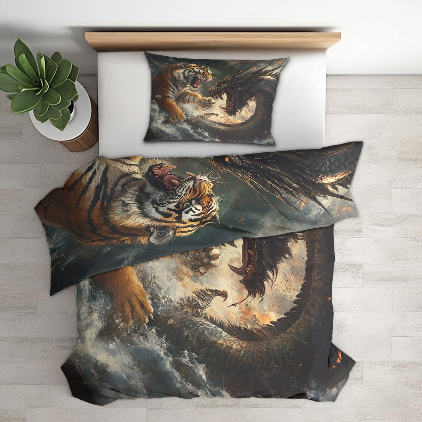 zcwl Tiger and Dragon Duvet Cover Oversized King Size | Fantasy Animal Bedding Set | 3 Piece | Soft Microfiber Patterned Comforter Cover with Zipper Ties & 2 Pillowcases | Mythical Bedroom Decor