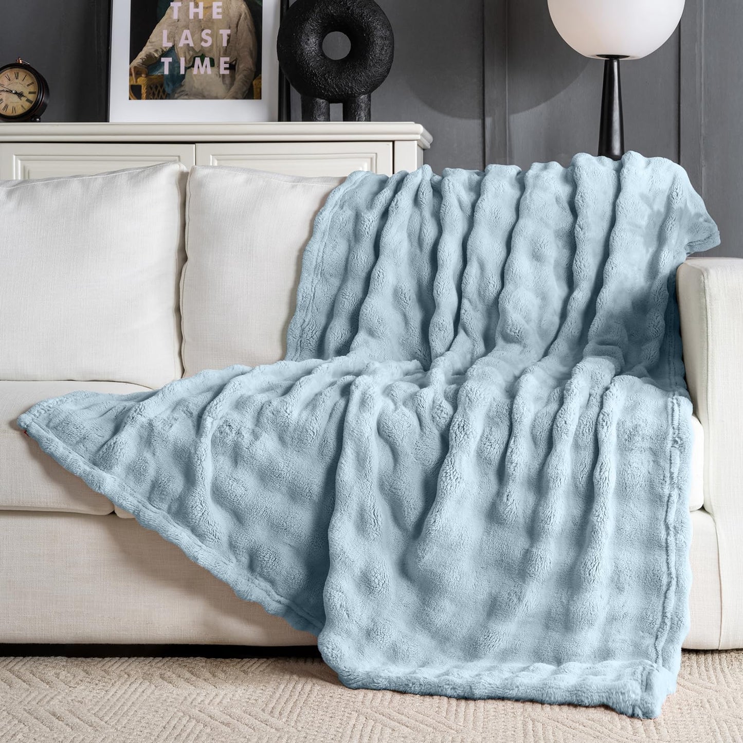 Light Blue Fur Throw Blanket for Couch, Soft Fluffy Bubble Blanket for Bed Sofa, Thick Warm Plush Fuzzy Rabbit Fur Blanket for Neutral Home Decor, 50"X 60"
