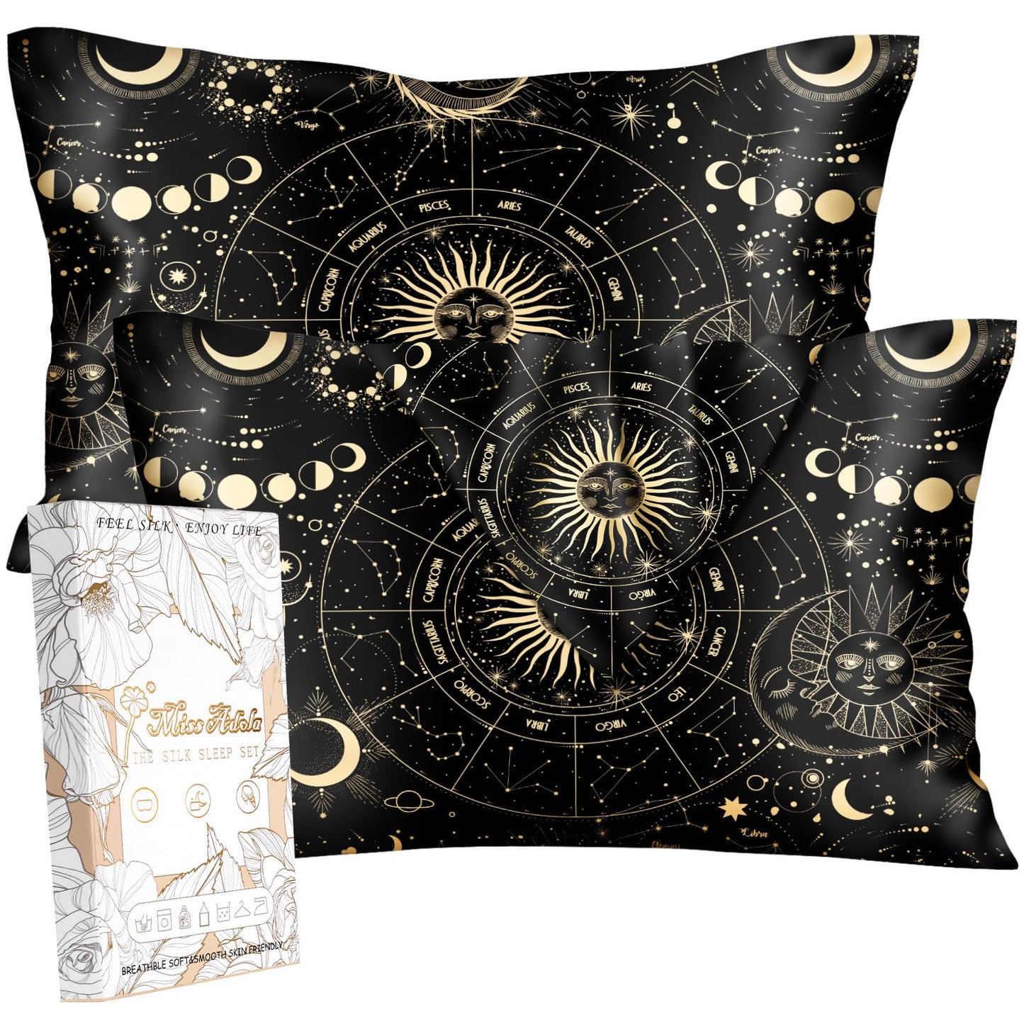 Miss Adola 2 Pack Mulberry Silk Pillowcase for Hair and Skin - Standard Size 20 x 26 Inches with Hidden Zipper Sun Moon 19 Momme Soft Sleeping Silk Pillow Case for Women, Moms