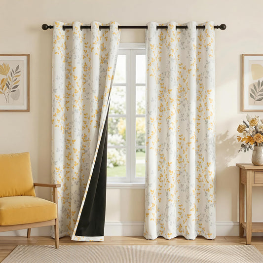 MEETSKY 95% Blackout Yellow Curtains 84 Inches Long 2 Panels Set - Leaves Printed Curtains for Living Room, Grommet Thermal Insulated Drapes, Light Blocking Window Curtain for Bedroom (52''W x 84" L)