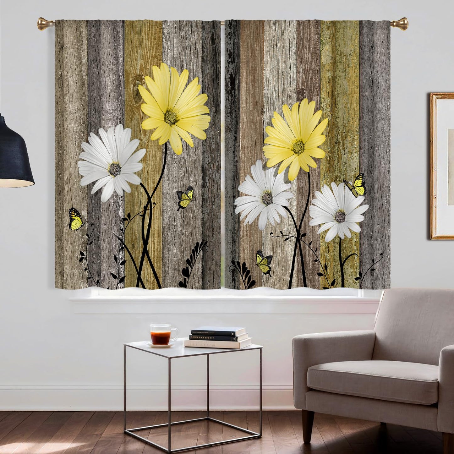 Cizuug Farmhous Yellow Daisy Kitchen Curtains Wooden Flower Small Short Cafe Window Curtains Rustic Floral Butterfly Country Barn Bathroom Drapes Treatment Tier Curtains 2 Panels
