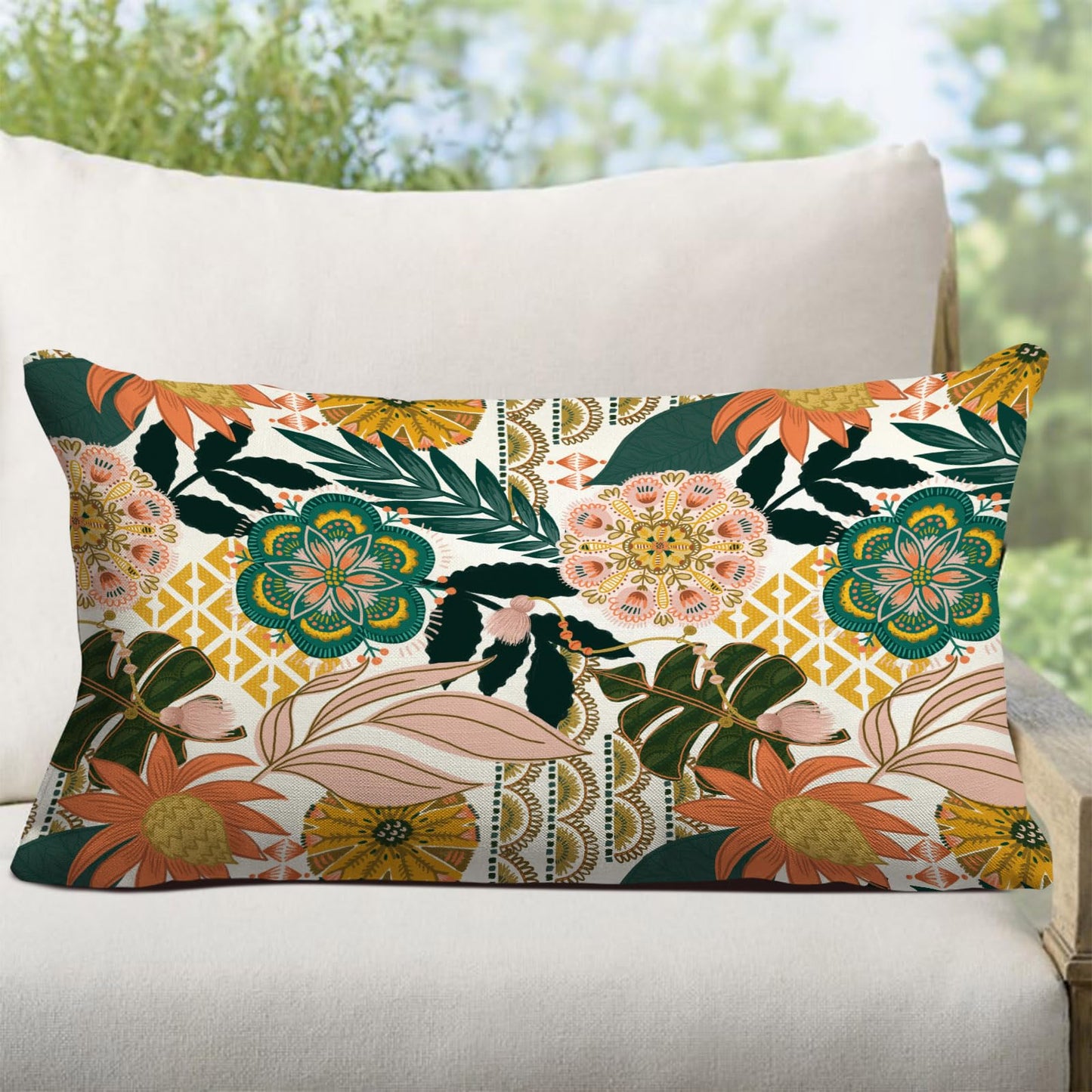Jartinle Flower Boho Outdoor Lumbar Pillow Covers 12x20 Waterproof Set of 2 Bohemian Blooming Floral Tropical Leaves Pattern Patio Throw Pillow Covers for Porch Balcony Garden