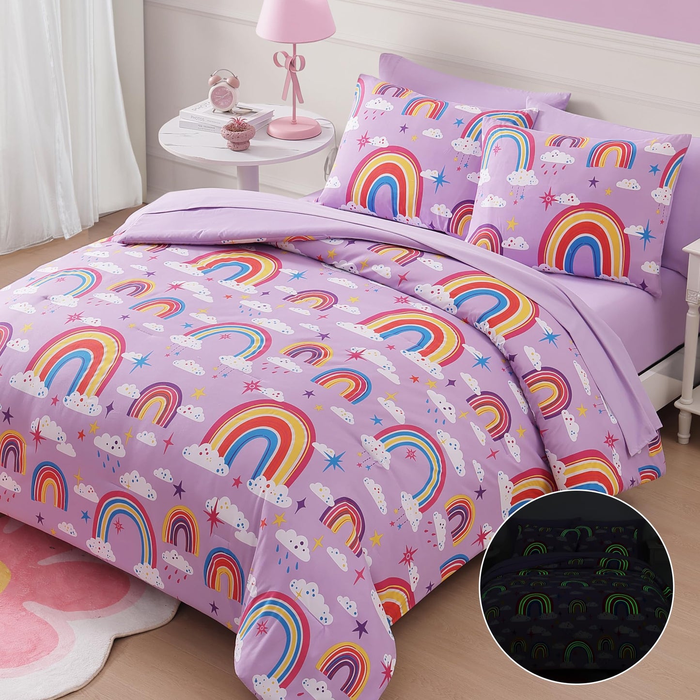 Wink Deer Full Size Comforter Set for Girls-7 Pieces Purple Rainbow Glow in the Dark Full Bedding Sets for Kids, Ultra Soft Bed in A Bag with Sheets