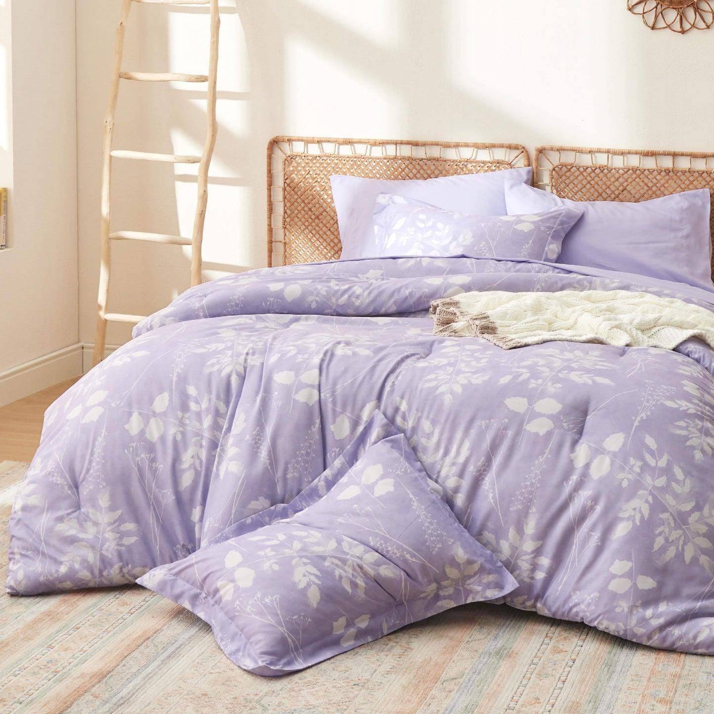 Bedsure Queen Comforter Set - 7 Pieces Floral Lavender Soft Bedding Sets, Queen Bed in a Bag with Botanical Flowers Comforter, Sheets, Pillowcases & Shams