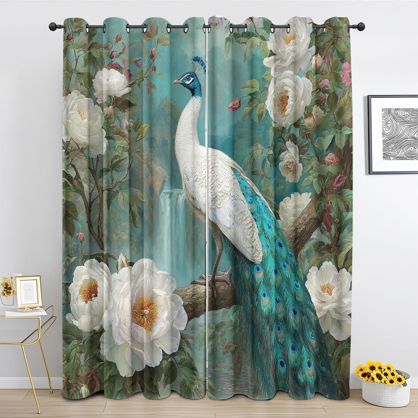 Peacock Curtains, Asian Style Blackout Curtains for Living Room Bedroom, Thermal Insulated Grommet Floral Waterfall Drapes 96 Inch Length Window Treatments, 52Wx96L, 2 Panels