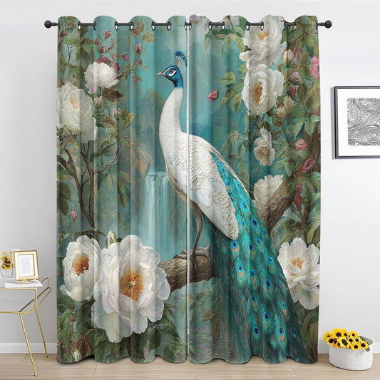 Peacock Curtains, Asian Style Blackout Curtains for Living Room Bedroom, Thermal Insulated Grommet Floral Waterfall Drapes 96 Inch Length Window Treatments, 52Wx96L, 2 Panels