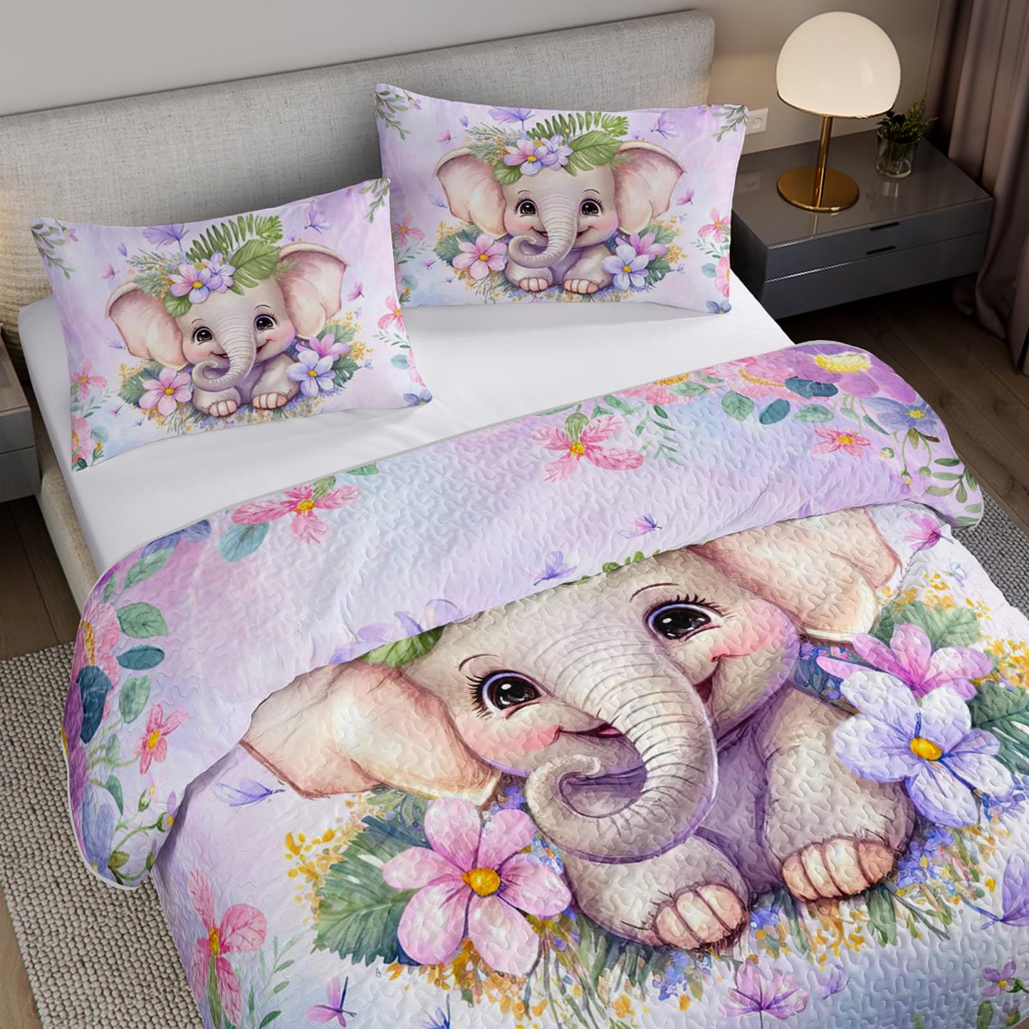 XYNHML Elephant Flowers Quilts Bedding Twin 3Pcs Wild Animals Pink Purple Kawaii Butterfly Quilt Bed Set Lightweight Soft Bedspreads Coverlet with 2 Pillowcases for Kid Boy Girl Teen Adult Bed Decor