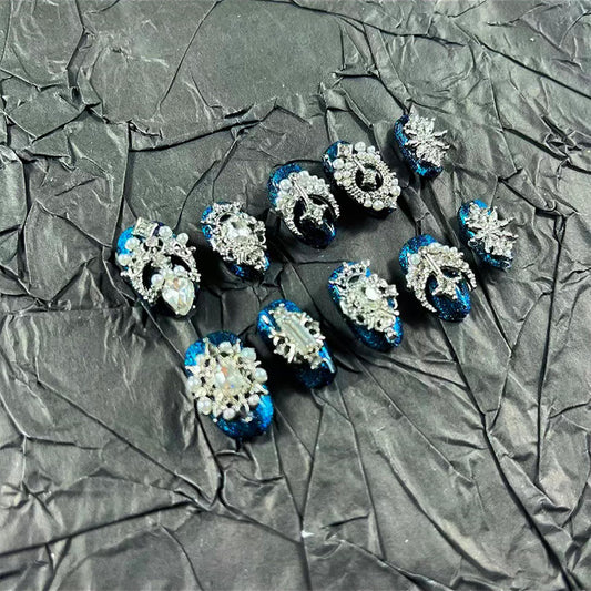 Short Press on Nails Handmade Nails 10Pcs Palace Style Blue Cat Eye Nail Art Manual Press on Nails for Women Party Holiday Photo 18mm Long Size S