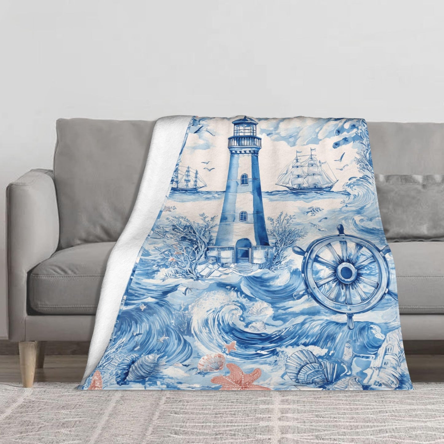Nautical Navy Blue Ocean Beach Flannel Throw Blanket Soft Cozy Blanket for Living Room Couch Sofa Bed 50 x 60 Inches
