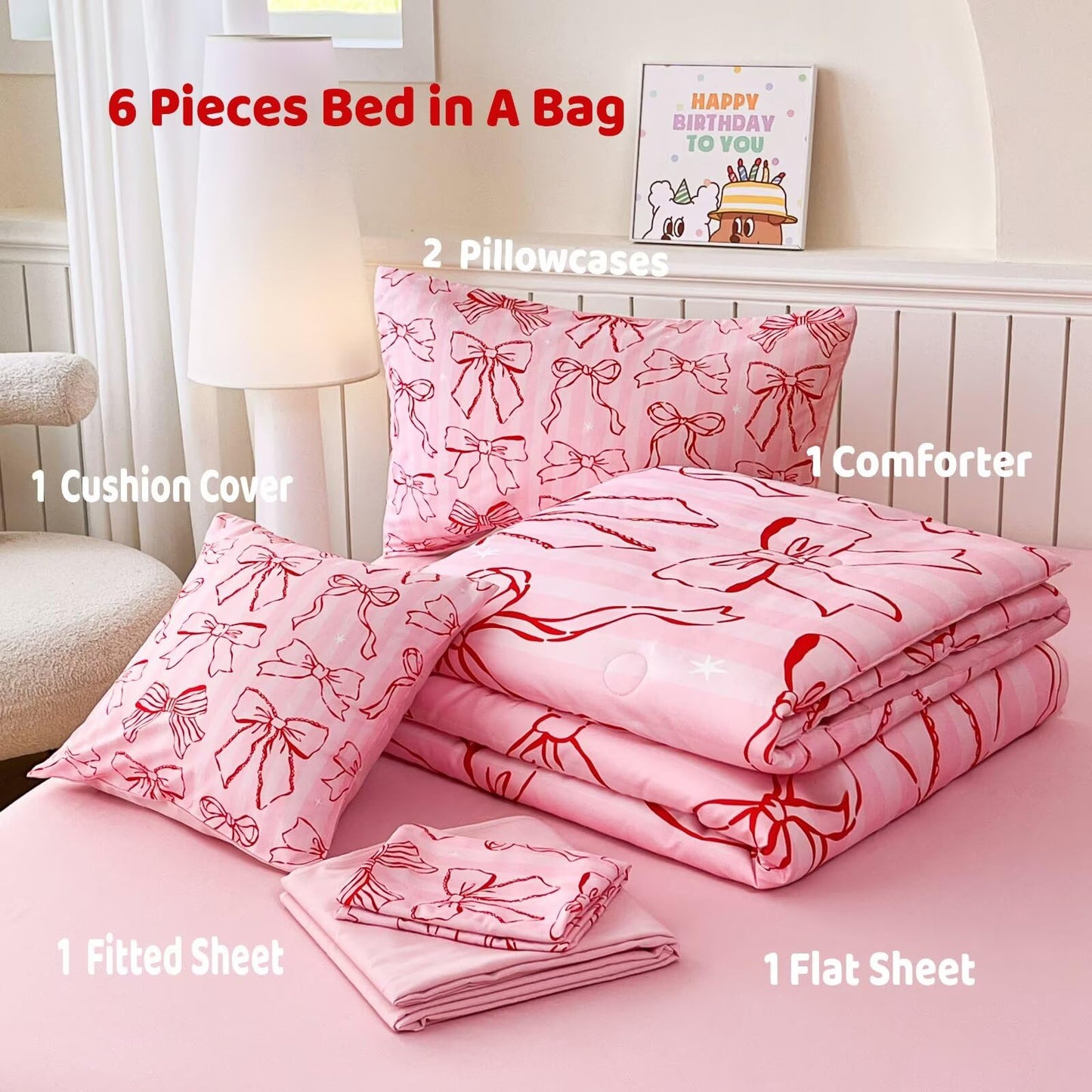 GRAT TIOC 6 Pieces Pink Bow Ribbon Comforter Set for Girls Twin,Girly Bed in A Bag Coquette Bows Bedding Set for Girl Kids (1 Comforter,1 Flat Sheet,1 Fitted Sheet,2 Pillowcases and 1 Cushion Cover)
