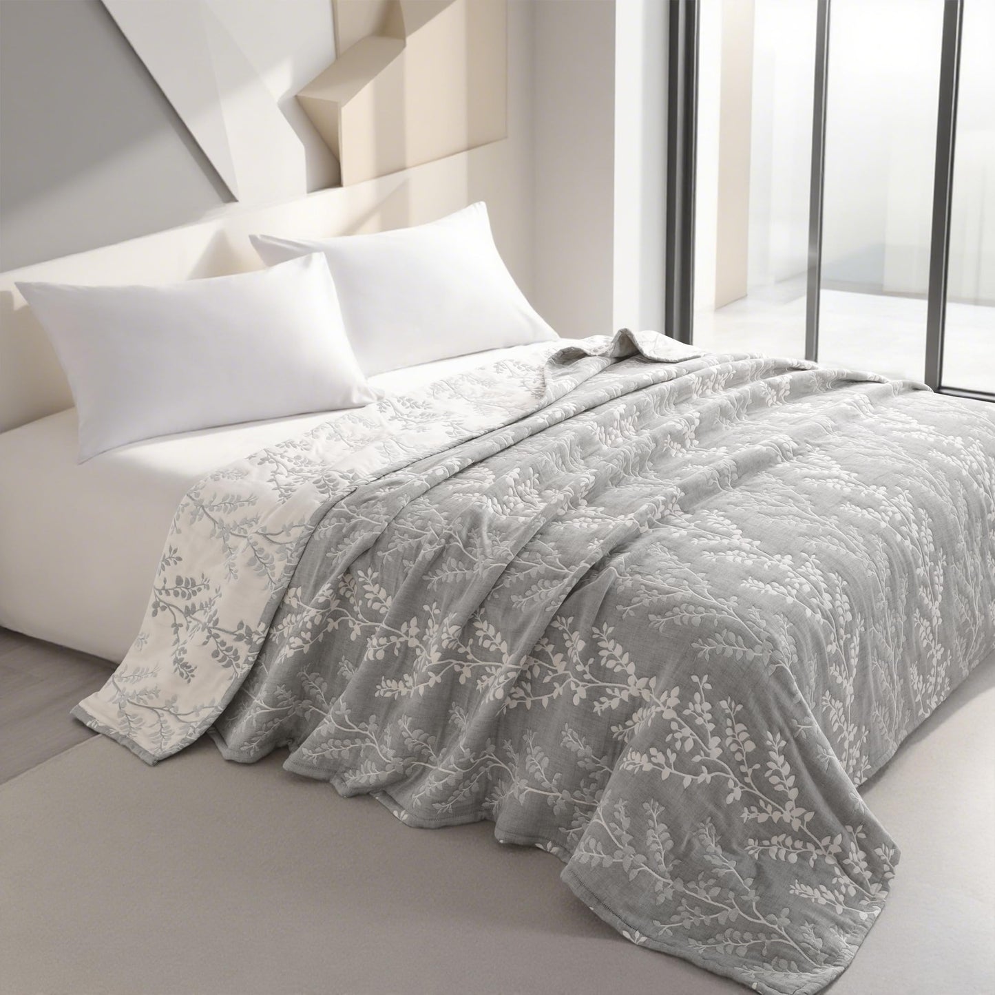 NTBAY 3 Layers Cotton Muslin 106x92 King Bed Blanket, Super Soft Breathable Thermal Yarn Dyed Quilt for Adults, Perfect Lightweight Blanket for Couch Sofa Bed All Seasons, Grey Tree