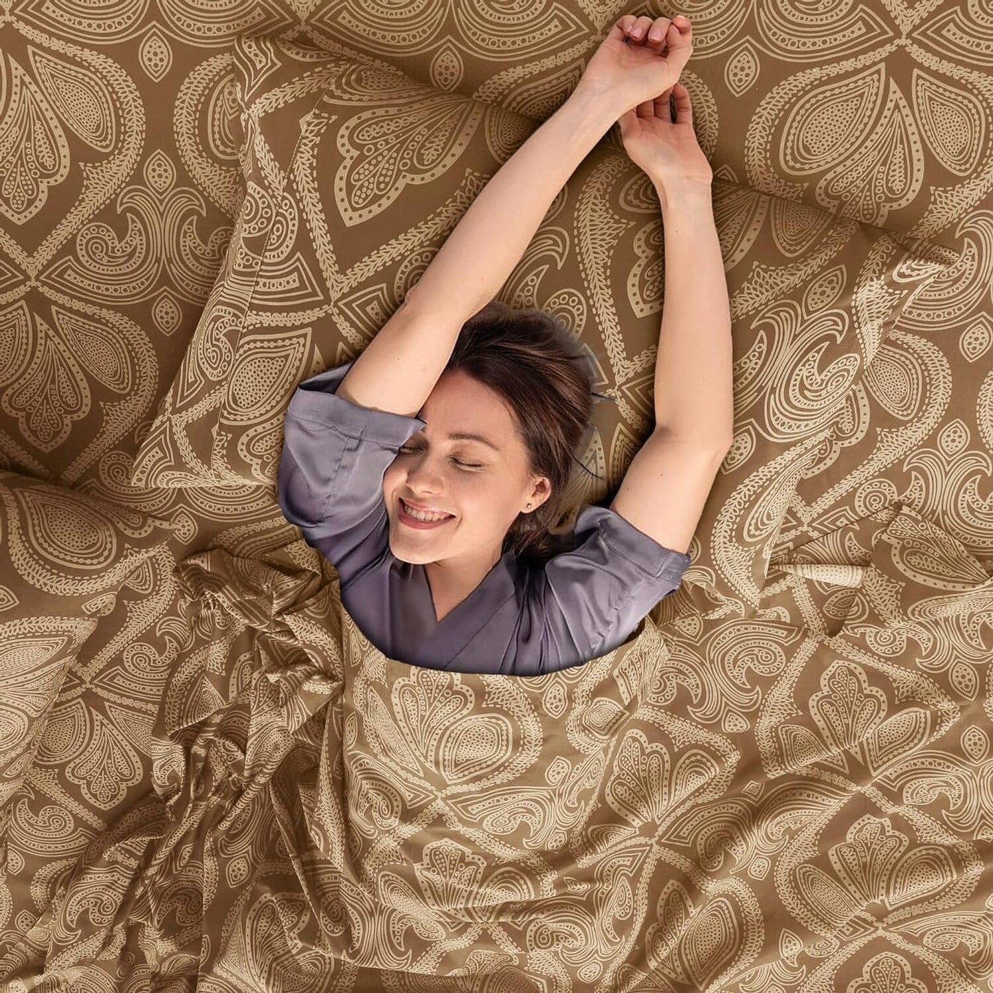 Ultra Soft Wrinkle-Free Microfiber Paisley Sheet Twin XL Set, Cute Floral Pattern Boho Print – 16" Deep Pocket Fitted Sheet, Flat Sheet & 2 Pillowcases, Breathable, OEKO-TEX - Brown