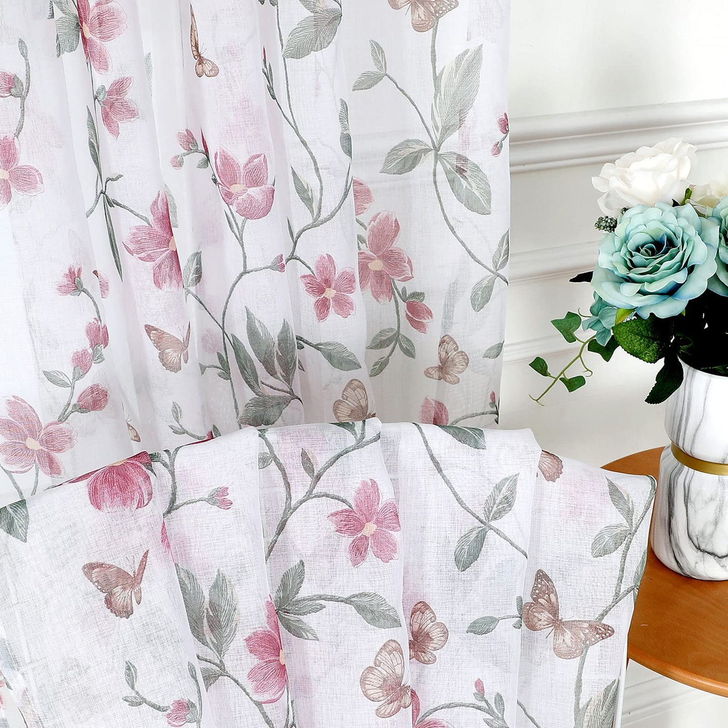 Tollpiz Sheer Floral Curtain Pink Flower Butterfly Printed Bedroom Curtains Rod Pocket Voile Faux Linen Window Curtain for Living Room, 54 x 84 inches Long, Set of 2 Panels