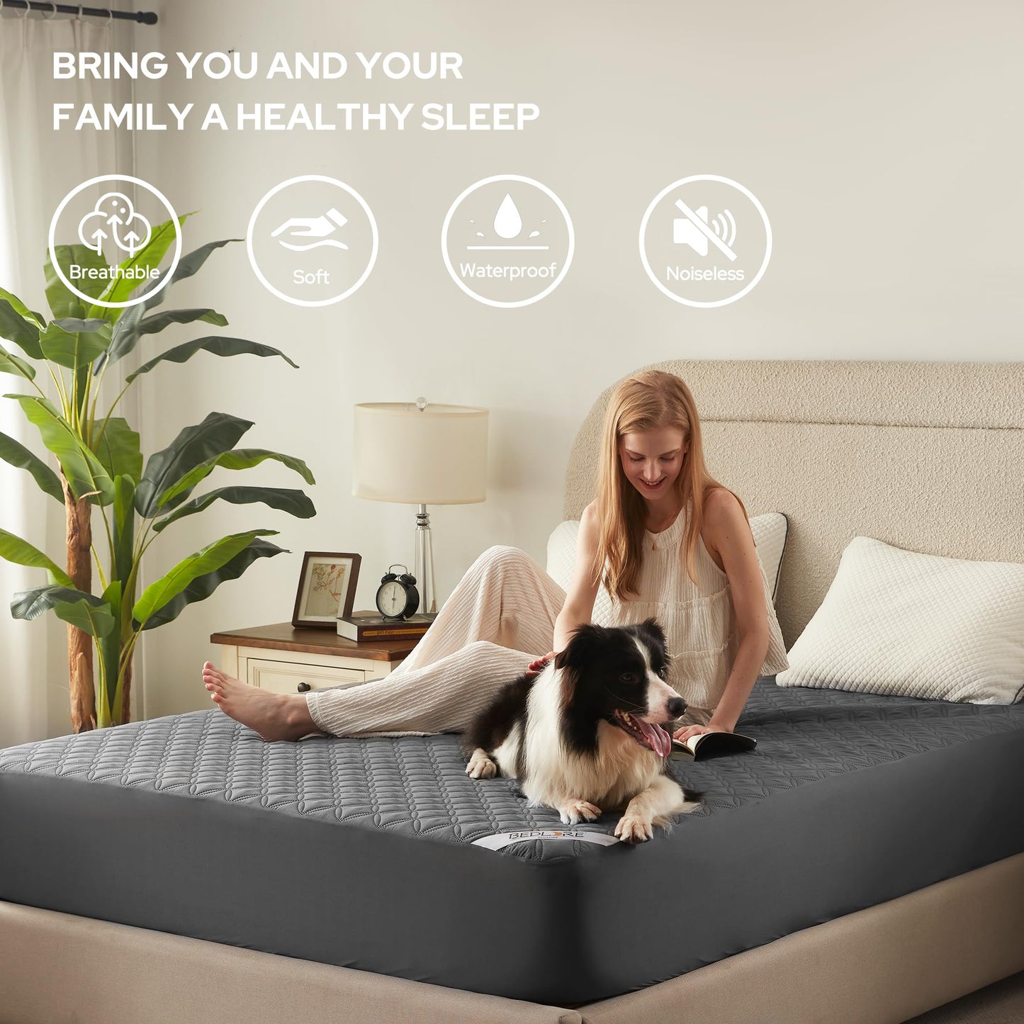 BEDLORE Waterproof Mattress Protector, Noiseless Queen Size Mattress Pad with Deep Pocket Fitted Up to 6"-18", Soft Breathable Dirt-Proof Bed Mattress Cover Washable Bedroom, Hotel (Gray)
