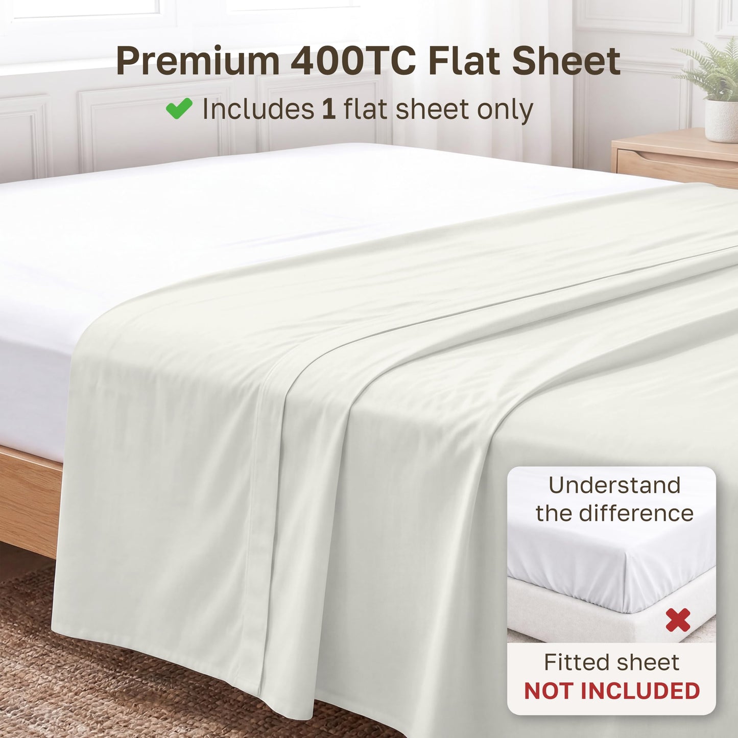 California Design Den King Flat Sheet Only - 400 Thread Count 100% Cotton Sateen, Durable, and Breathable Bed Sheets - Ivory (Pale Tone)