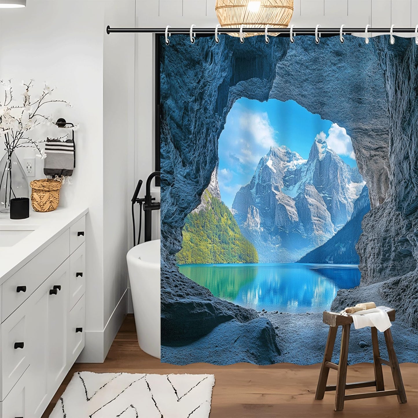 ZROLUW Snow Mountain Lake Shower Curtain Waterproof Soft Polyester Fabric 72" W x 84" L Rock Cave Nature Landscape Shower Curtains with Grommets Bathroom Accessories Decor