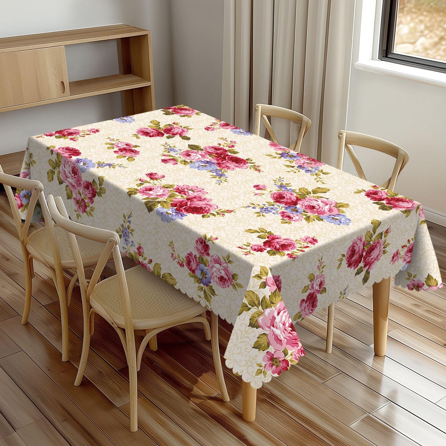 XUNNEECY Rose Pattern Tablecloth 54x72 Inches, Pink Floral Rectangular Polyester Table Cover with Wave Lace, Washable Dining Table Cloth for Kitchen, Party, Outdoor