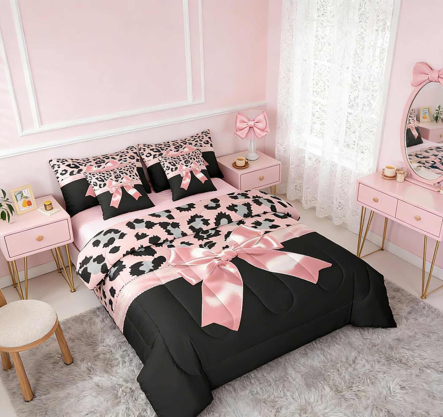 Feelyou Pink Silk Bowknot 7 Piece Bedding Set Queen Size Grey Leopard Comforter Set with Sheets for Kids Girls Women Black Pink Bed in a Bag Sweet Romantic Bed Set