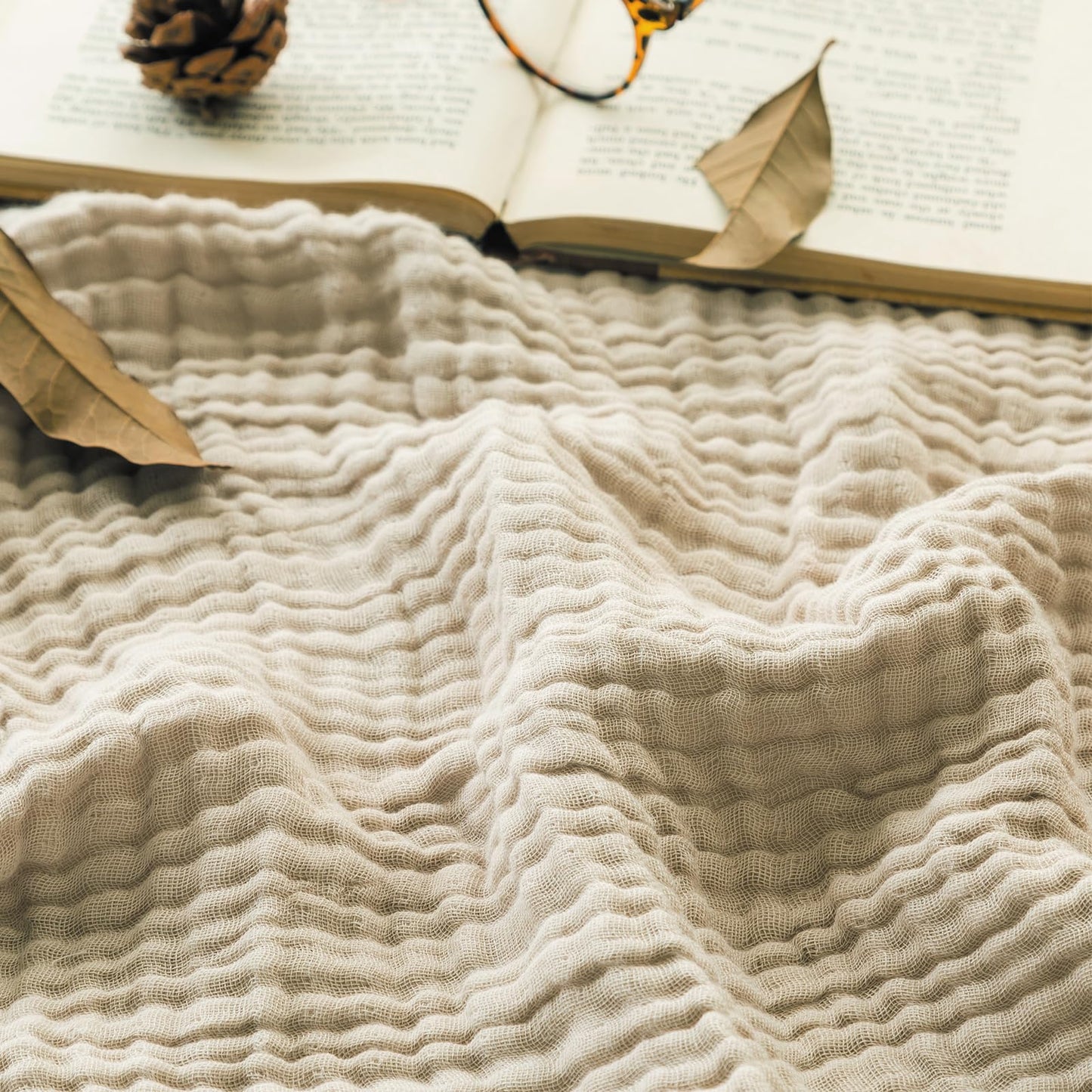 EMME Cotton Throw Blanket for Couch Soft Muslin Blankets 50"x60" Lightweight Breathable Blanket Beige All Season Gauze Blanket