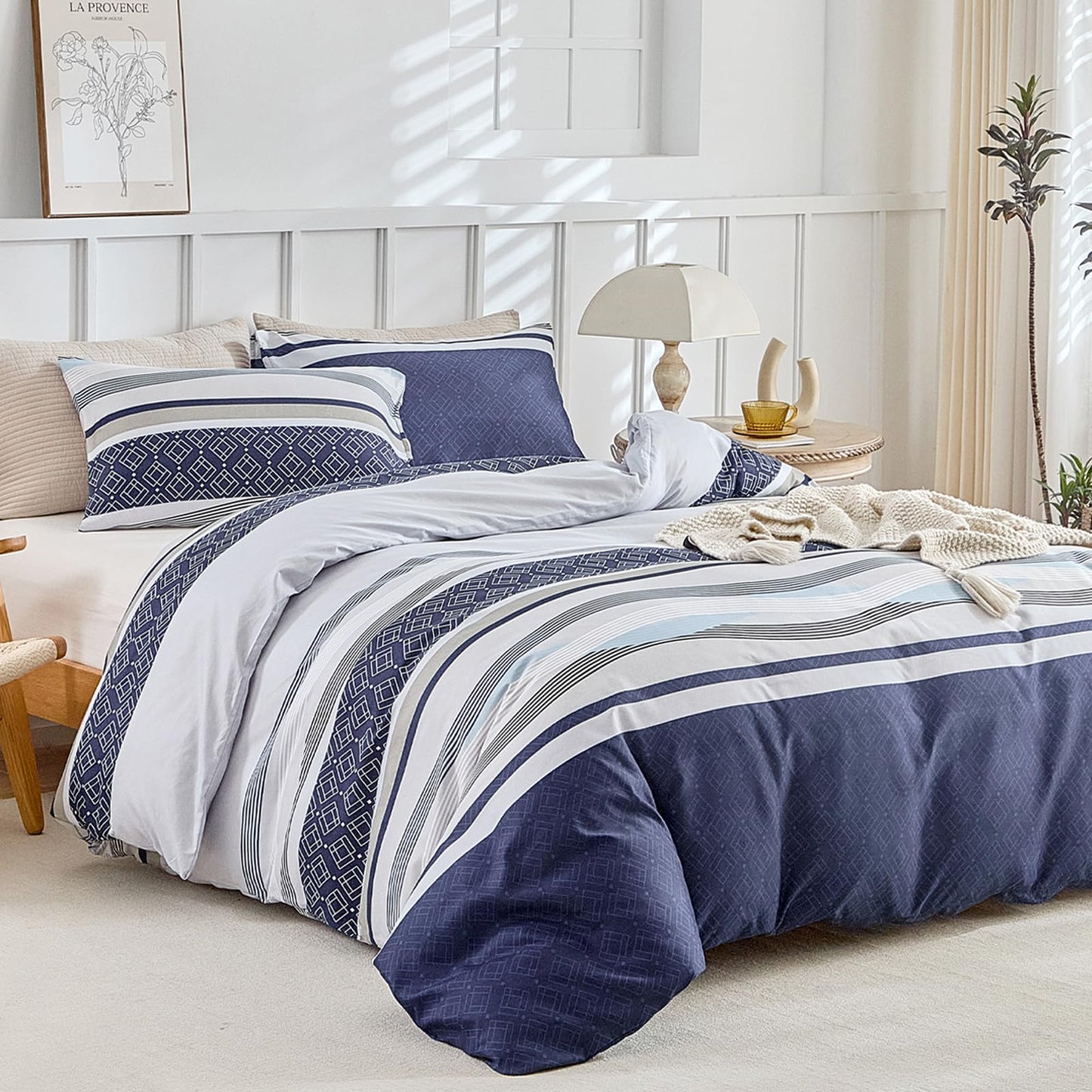 Lekesky Boho Duvet Cover Queen, 3 Pieces Blue Striped Duvet Cover Set Soft Bohemian Bedding Aztec Comforter Cover Set Queen Size with Hidden Zipper & Corner Ties (1 Duvet Cover 90x90 inches)