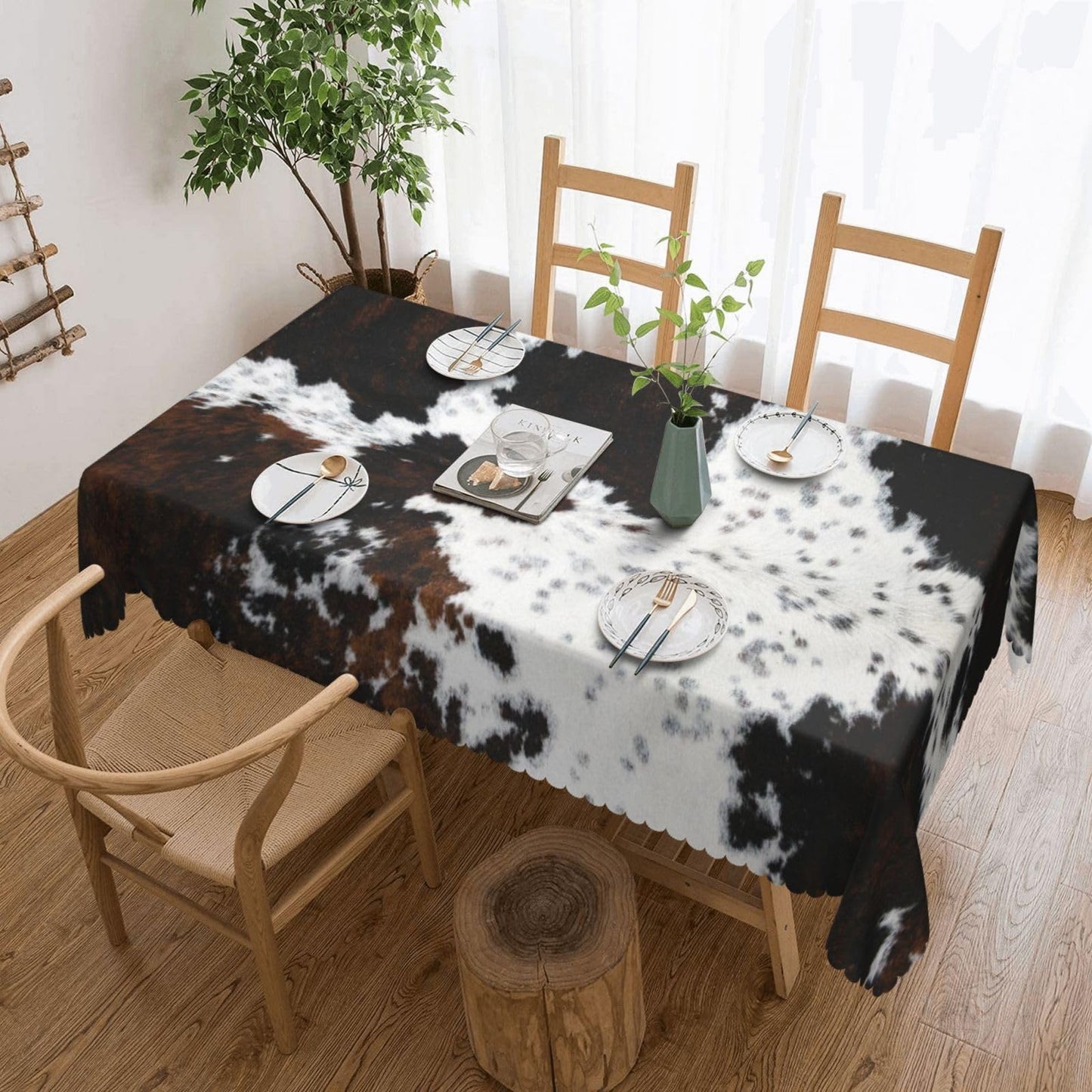 GOUROISE White and Brown Cow Print Rectangular Tablecloth, Animals Skin 54x72 Inch Wavy Lace Border Polyester Table Cloth for Dining, Kitchen, Parties