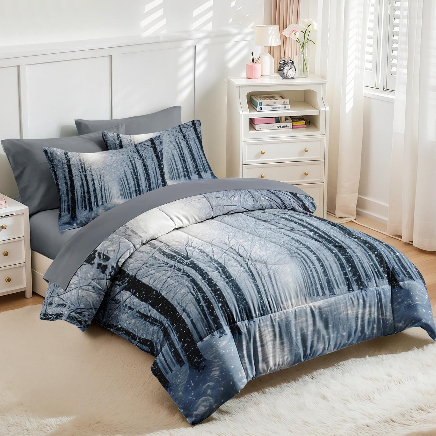 Nesker Christmas Comforter Set Full Size, Snowy Woodland Winter 7 Pcs Bedding for Kids and Adults, Frosted Forest Bed Sheet Sets with Fitted Sheet 2 Pillowcases & 2 Shams