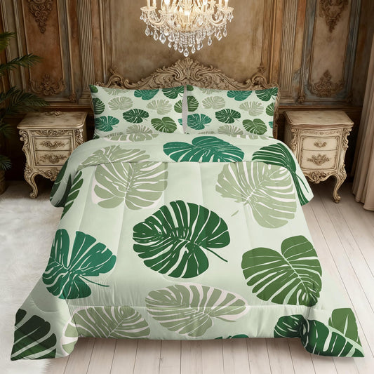Palm Leaf Comforter Set King Size 3Pc, Green Tropical Plants Pattern Down Alternative Bed Comforter, 2 Pillow Shams, Soft All Season Bedding, Leaf Bedroom Decor A9