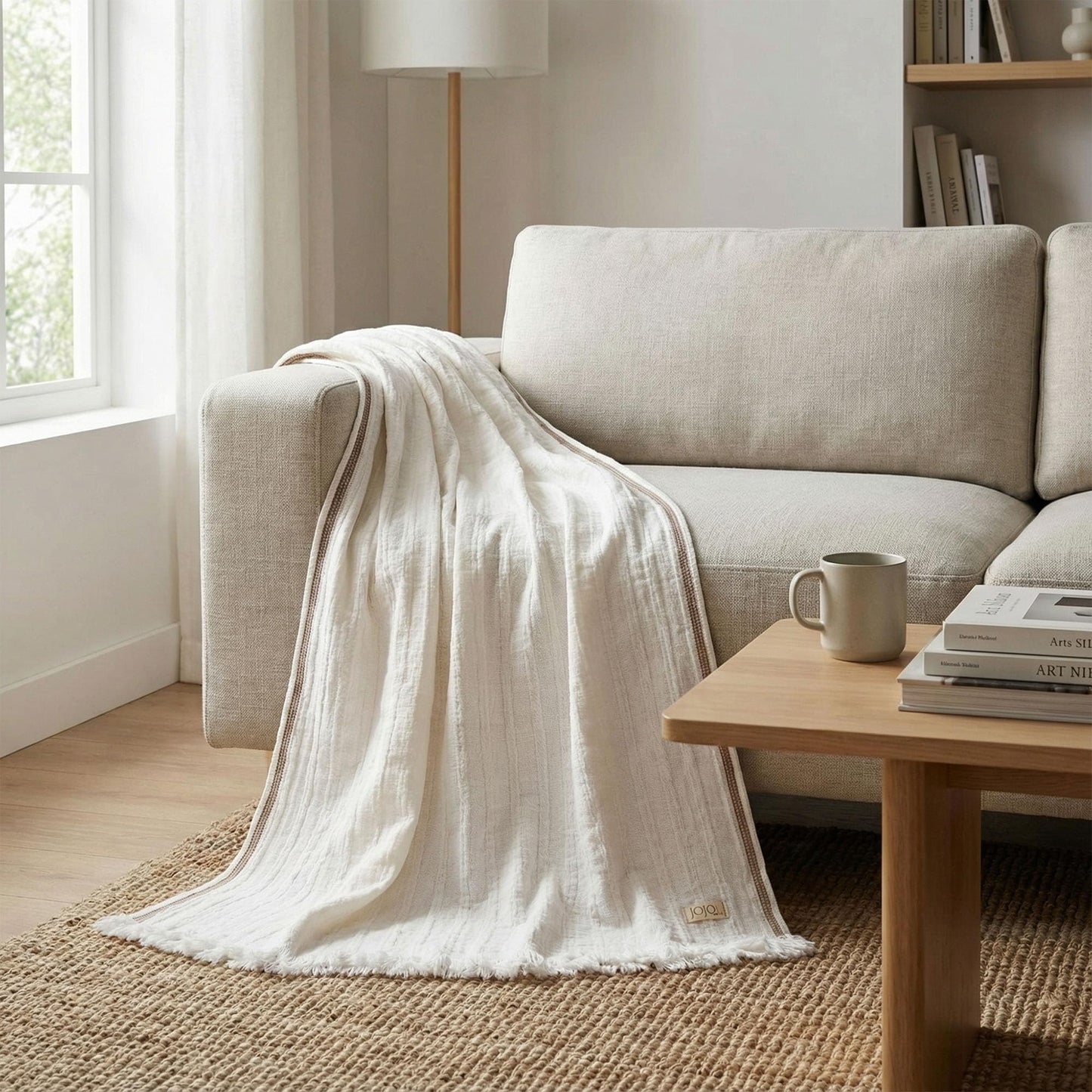 Jojomia Frig Waffle Throw Blanket with Tassels - 50x66 Inch - 100% Turkish Cotton Tencel Breathable Blend Lightweight Blanket for Couch, Sofa, Bed