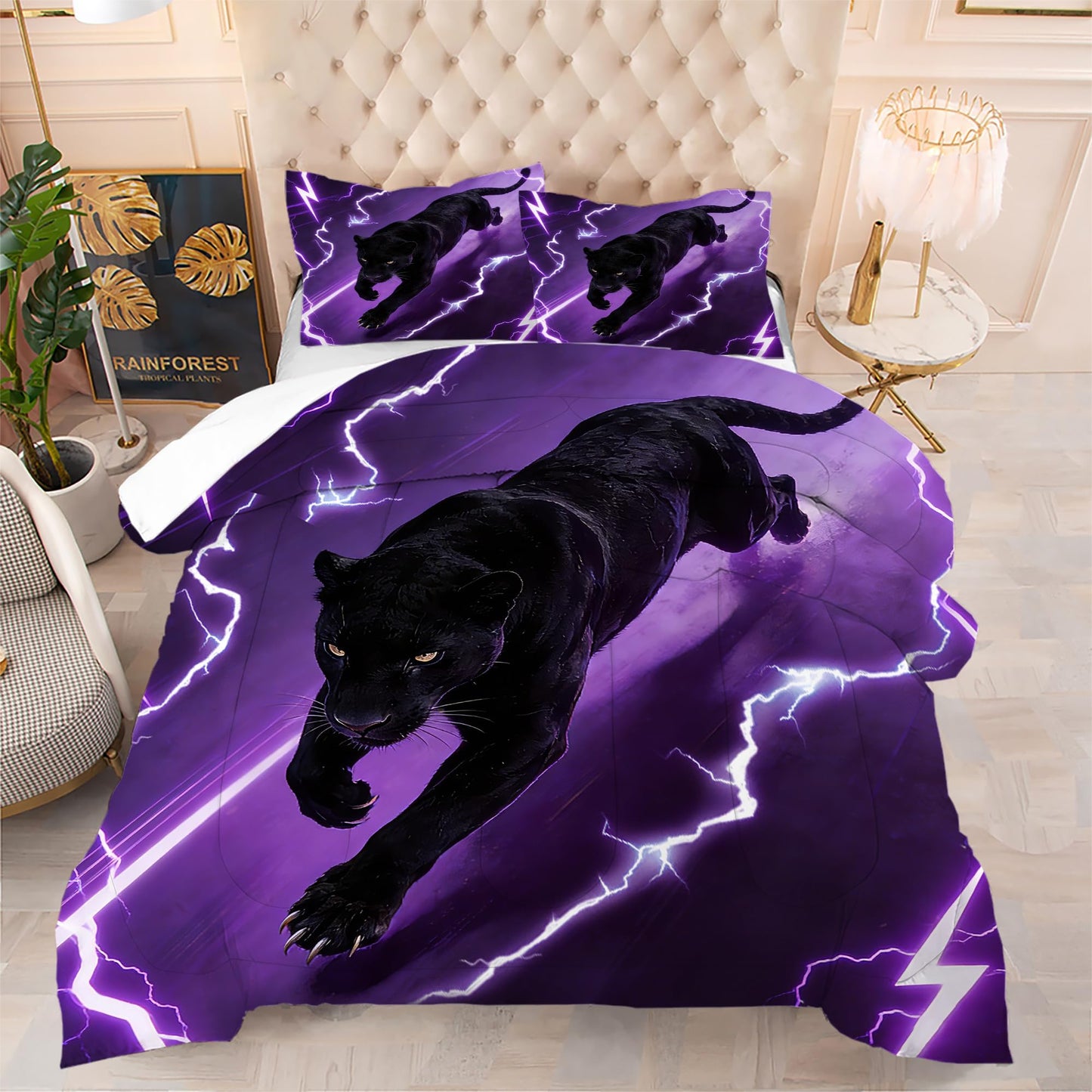 VTKON Purple Panther Comforter Set Full Size Lightning Black Leopard Bedding Set for Boys Teens Thunderbolt Cheetah Duvet Animal 3 Piece with 1 Comforter 2 Pillow Cases