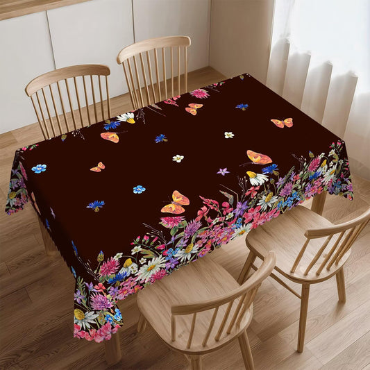 MENGFEISI Wildflowers Tablecloth Polyester Daisy Meadow Herbal and Butterfly Table Cover Square Botanical Floral Table Cloth Tablecloths Washable for Party Holiday Dinner Decor, 54" x 72"