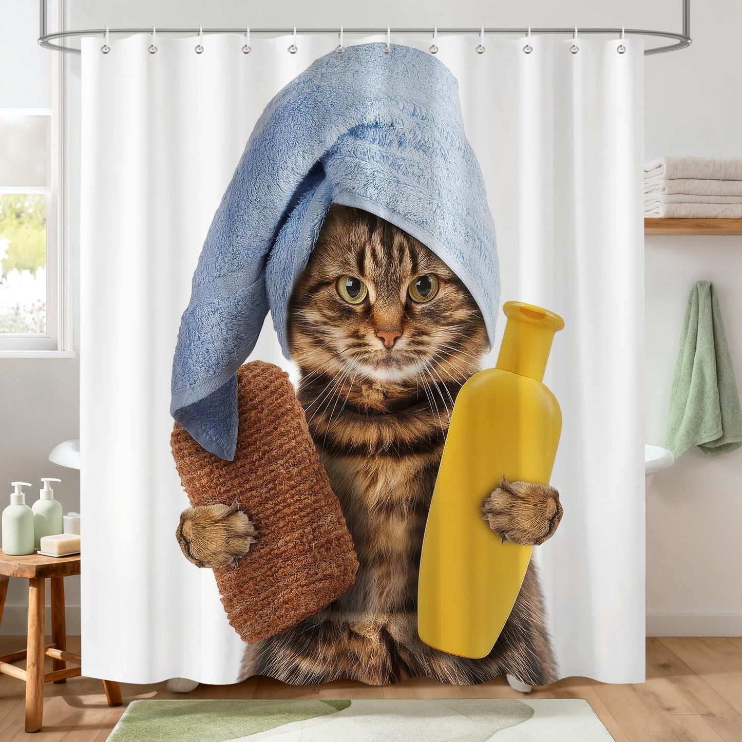 Hopomoon Funny Cat Shower Curtain,Cute Cats Waterproof Polyester Fabric Bathroom Curtain with 12 Hooks for Kids and Adults,72 x 72 inch