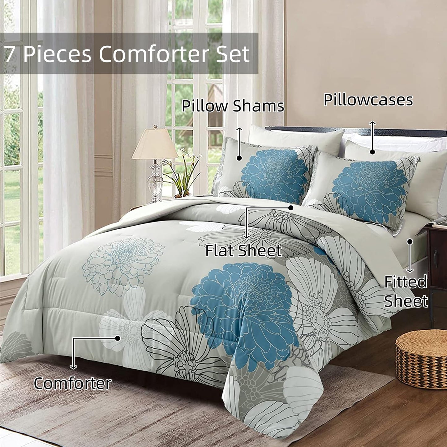 Yiran 7 Pieces Bed in a Bag Blue Floral Comforter Set Queen Size Flowers Comforter Set Soft Microfiber Bedding Set (1 Comforter 1 Flat Sheet 1 Fitted Sheet 2 Pillowshams 2 Pillowcases)