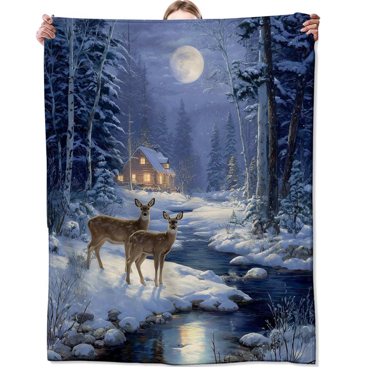 Zeleda Winter Deer and Cabin Blanket,Gifts for Rustic Nature Lovers,Lightweight Flannel Throw Blankets,Forest Snowy Moonlight Throws Home Decor,for Couch Living Room Office,60x50inch
