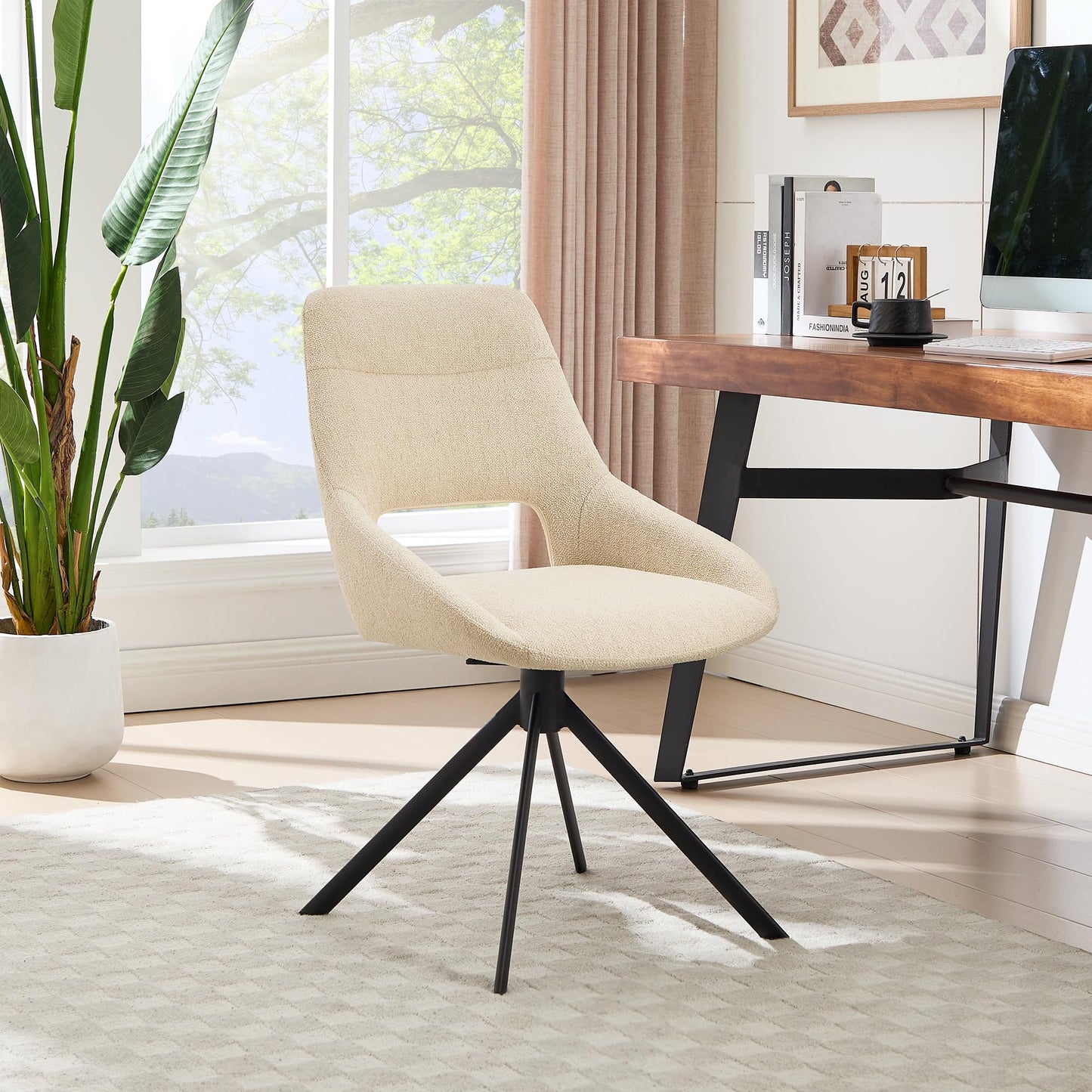 Zesthouse Swivel Desk Chair No Wheels, Modern Linen Fabric Vanity Chair with Hollow Back, Armless Upholstered Home Office Chair for Girls Women, Ergonomic Computer Chair for Home Office, Beige