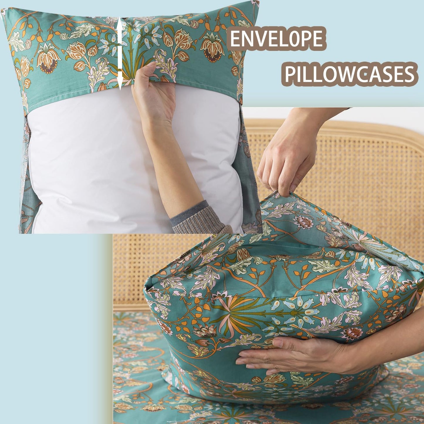 Zusbest Teal Floral Sheets Boho Queen Bed Sheets Set 100% Cotton Percale Shabby Vintage Blue Orange American Style Bedding Luxury Soft Breathable Crisp Bed Deep Pocket Fitted Sheet 4 Piece