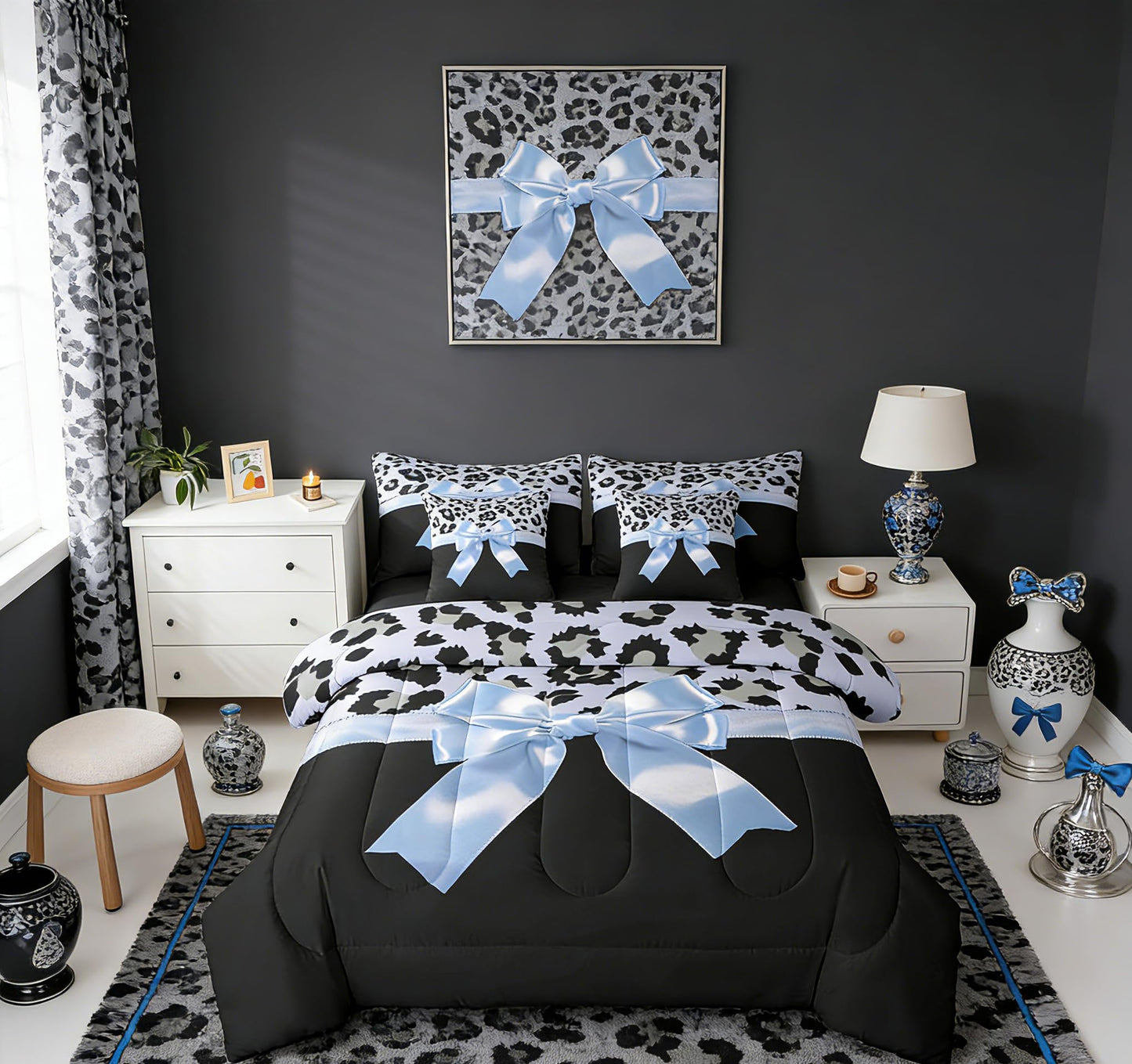 Feelyou Blue Silk Bowknot 7 Piece Bedding Set Queen Size Grey Leopard Comforter Set with Sheets for Kids Girls Women Black Blue Bed in a Bag Sweet Romantic Bed Set
