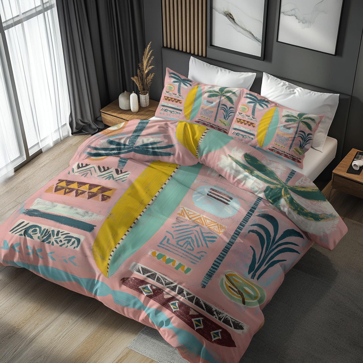 Retro Tropical Full Duvet Cover Set 3 Piece, Palm Tree Surfboard Reversible Bedding with 2 Pillow Shams, Zipper & Ties, Ultra Soft Microfiber, Tropical Bedroom Decorations 24A-W