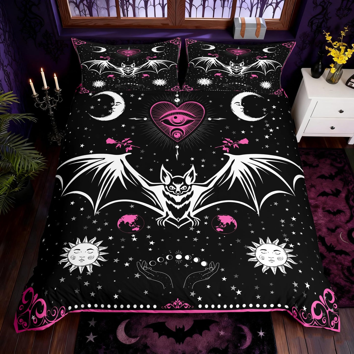 Bat Duvet Cover Set King Size Sun Moon Starry Galaxy Bedding Set Gothic Style Wild Animals Comforter Cover for Kids Boys Girls Teens Bedroom Decor Pink Floral Exotic Black White Quilt Cover 3Pcs