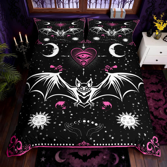 Bat Duvet Cover Set King Size Sun Moon Starry Galaxy Bedding Set Gothic Style Wild Animals Comforter Cover for Kids Boys Girls Teens Bedroom Decor Pink Floral Exotic Black White Quilt Cover 3Pcs