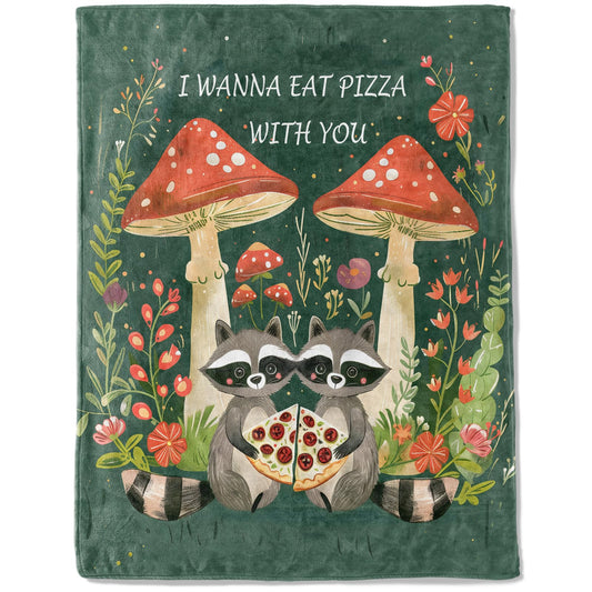 ainori Raccoon Flannel Blanket - Lightweight Soft Cozy Gifts Blankets for Kids,Adult,Women,Pizza with Mushroom Forest Art Style Throw,Elegant Home Room Modern Whimsical Decor 50x60in