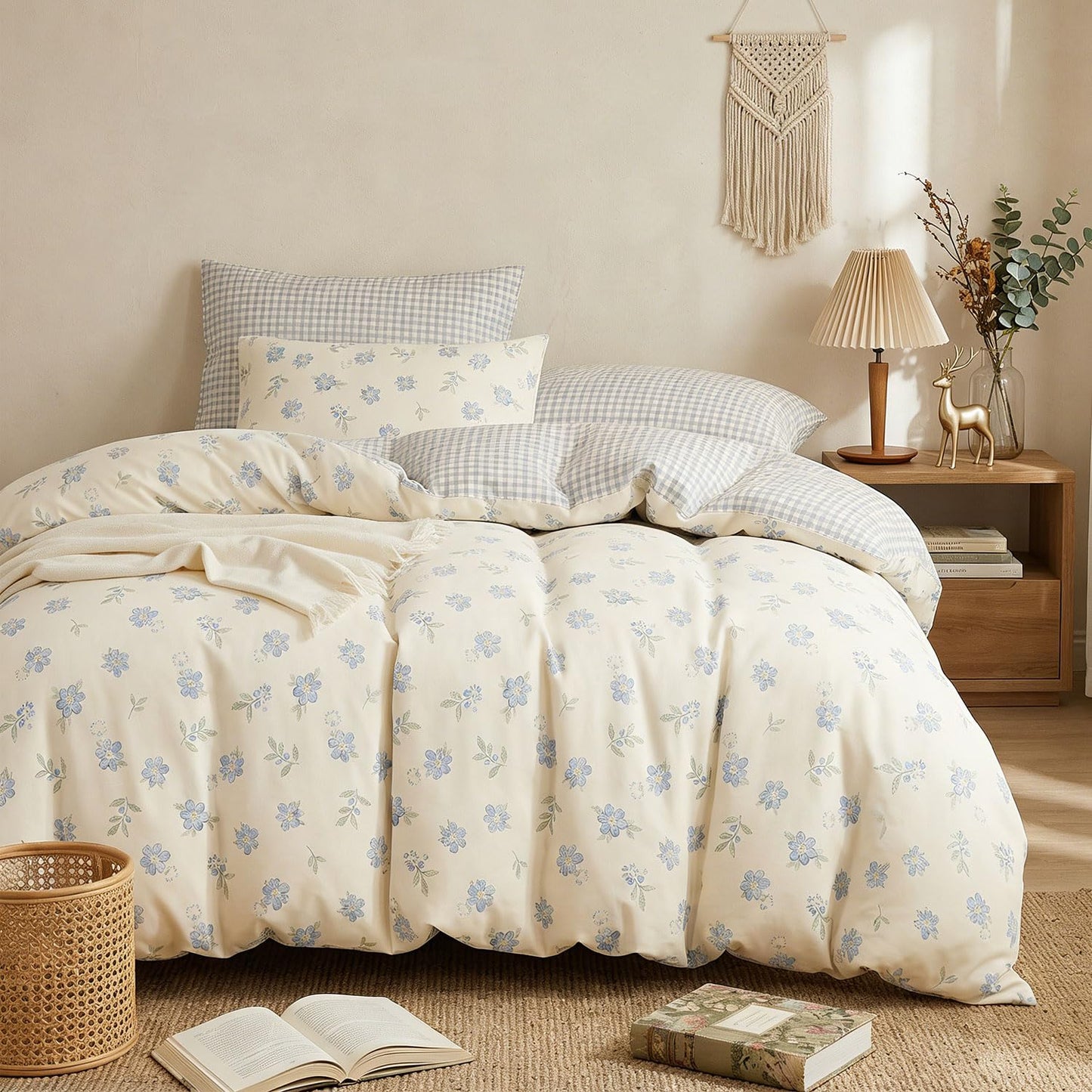Erwinmu Floral Comforter Set King Size - 3 Pieces Blue Beige Floral Comforter Bedding Sets Reversible Gingham Pattern,King Bed in a Bag with Flowers Comforter and 2 Pillowcases