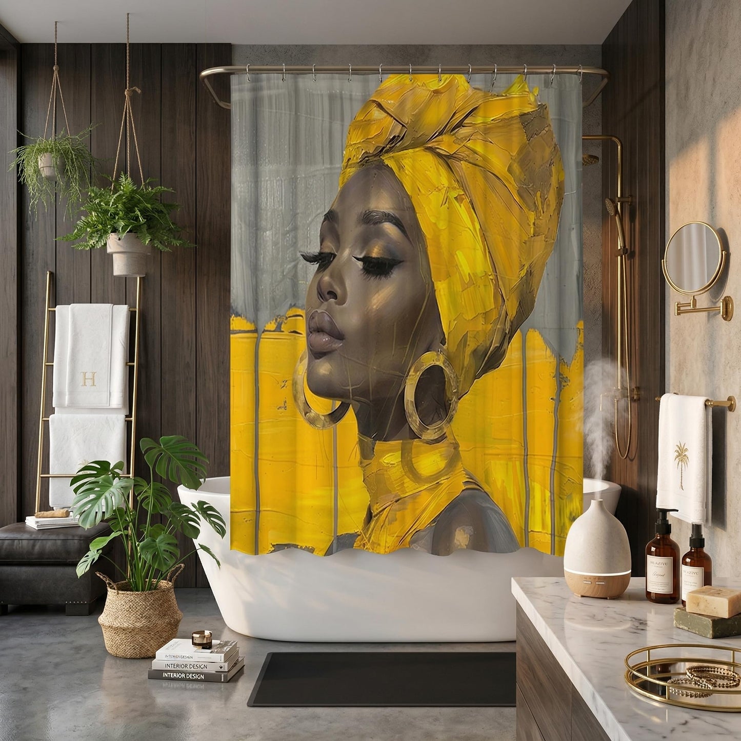HUAZIYU Golden African Women Art Shower Curtain Set, Grey Yellow Fabric