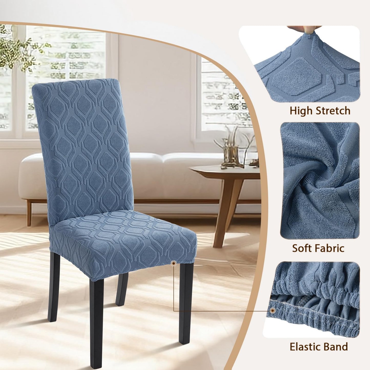 SearchI Dining Room Chair Covers Set of 4, Stretch Jacquard Parsons Chair Slipcovers Spandex Removable Washable Kitchen Chair Protector Cover for Dining Room, Hotel, Ceremony (Gray-Blue Geometric)