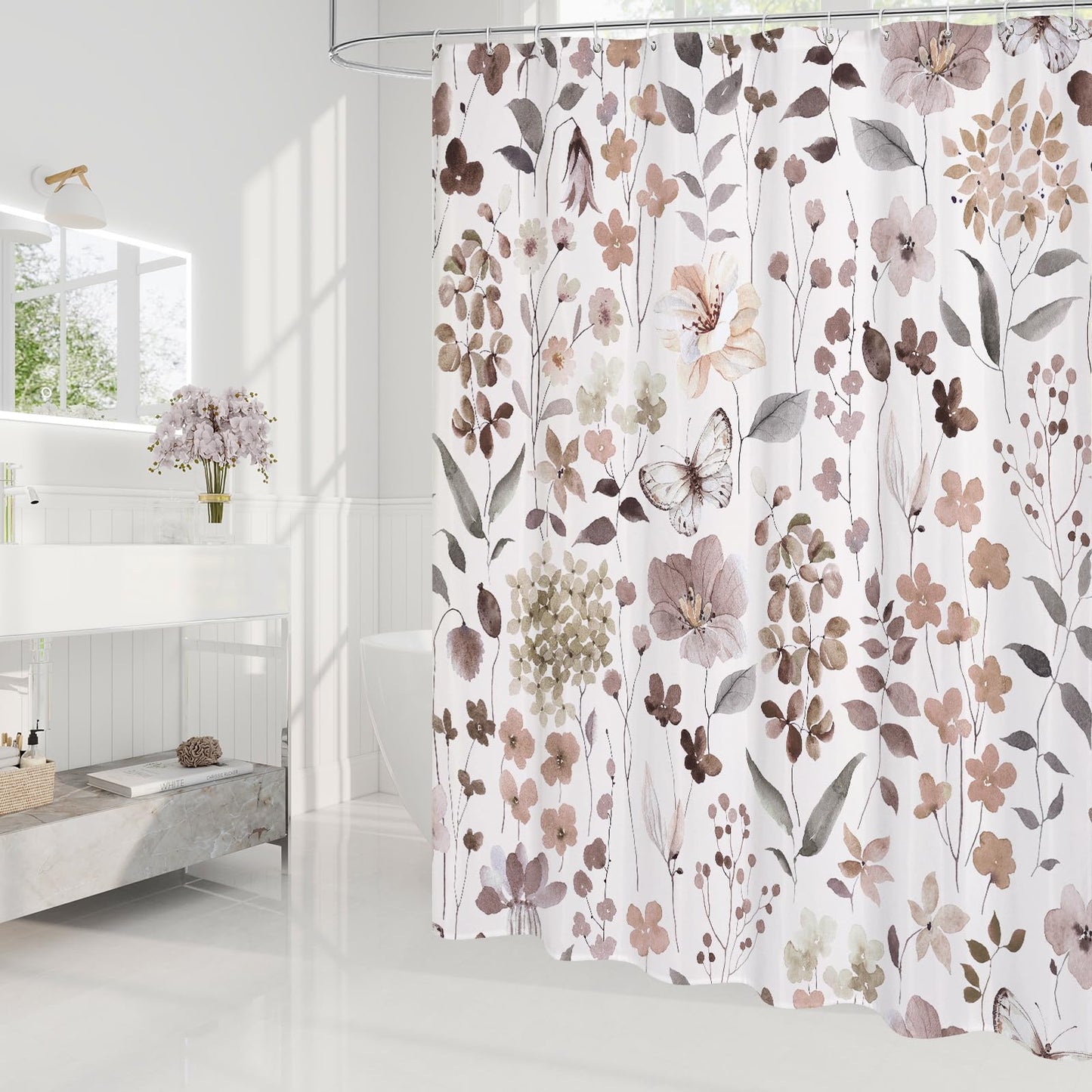 Litabel Extra Long Brown Floral Shower Curtain, Plant Leaves with Flower Shower Curtains for Summer Bathroom Decor, Modern Farmhouse Waterproof Botanical Bathroom Curtain 72x84 Inch